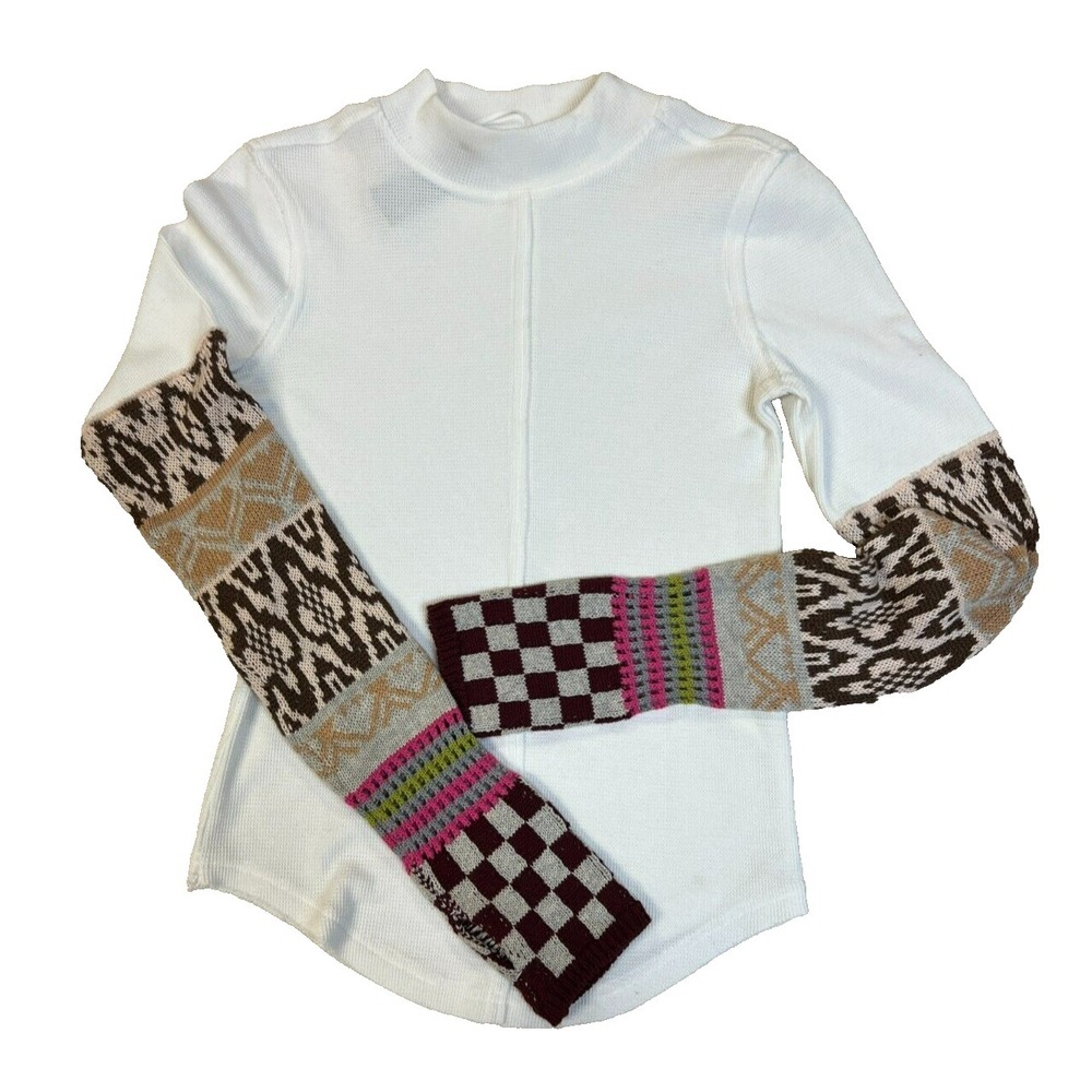 We the Free White Waffle Knit Top Contrast Sweater Knit Thumb Sleeves SZ S